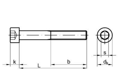 DIN 912/ISO 4762 - Zylinderkopfschraube, technische Zeichnung.